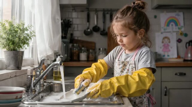Little girl washing dishes in kitchen sink while wearing rubber gloves, showing childhood responsibility, family routine, hygiene, domestic help and home cleanliness.