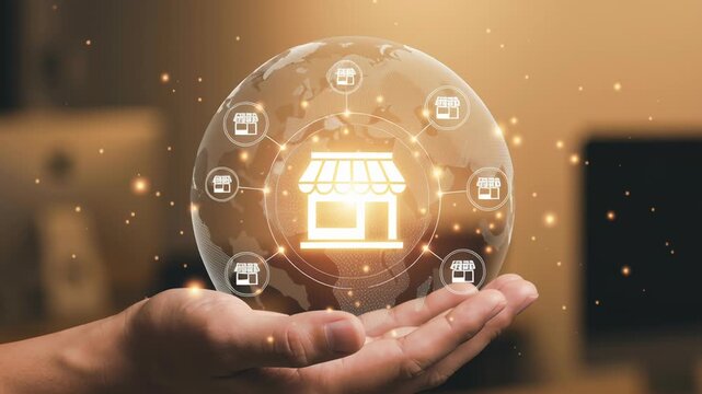 Franchise marketing smart business expansion with branch network and online store connection in glowing globe held by hand symbolizing growth and global network for success