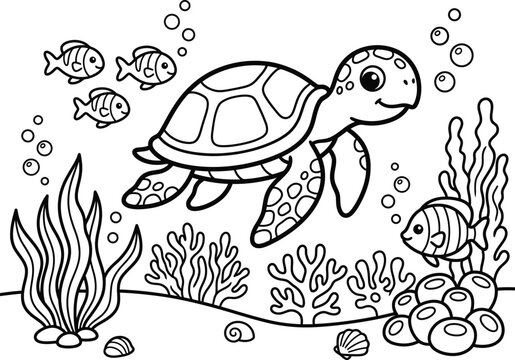 Cute sea turtle swimming among cheerful fish and various underwater plants, a elaborate coloring page with expert arrangement.