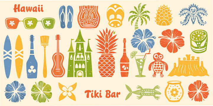 Retro hawaiian tiki bar illustration with tropical elements and vintage style