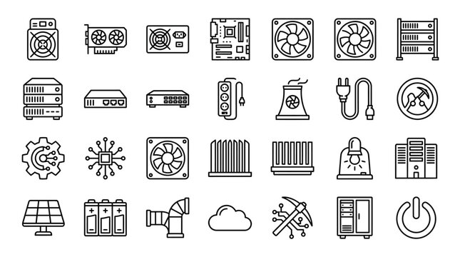 Vector Icons Set of line art icons for cryptocurrency mining and hardware components. EPS Editable
