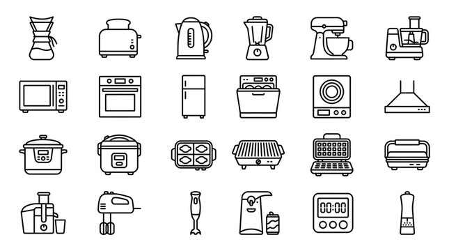Vector Icons Set of kitchen appliances and home cooking tools outline icons. EPS Editable