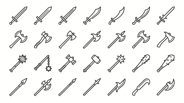Vector Icons Set of medieval weapons icons in line art style. EPS Editable