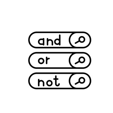 Minimalist search bar interface tags for "And", "Or", and "Not" representing boolean search logic and filtering.