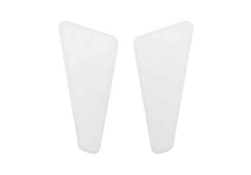 Isolated pair of blank white motorcycle tank protector stickers, adhesive vinyl decals for fuel tank scratch prevention