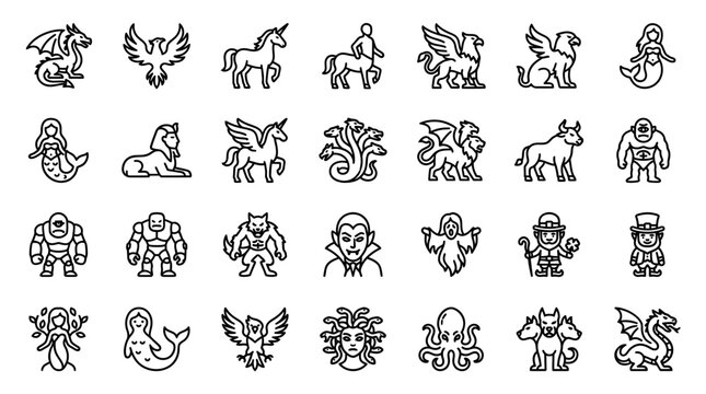 Vector Icons Set of mythological creatures and legendary monsters line icons. EPS Editable