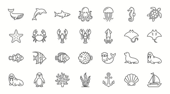 Vector Icons Set of sea creatures and marine life line art icons. EPS Editable