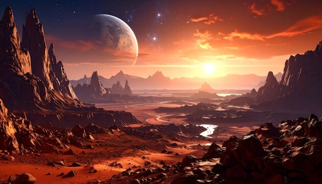 Rocky, orange alien planet surface under a bright sun and crescent moon