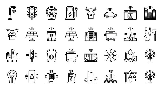 Vector Icons Set of Smart City Technology Icons in Doodle Style. EPS Editable