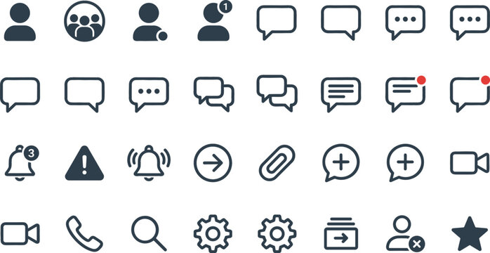 Modern communication and user interface icon set vector featuring chat bubbles, profile symbols, notification bells and settings for mobile app and website design elements.