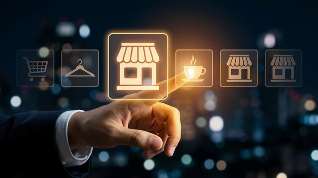 Smart marketing strategies for business expansion with franchise branch selection and online store options featuring digital glowing icon for retail growth and success