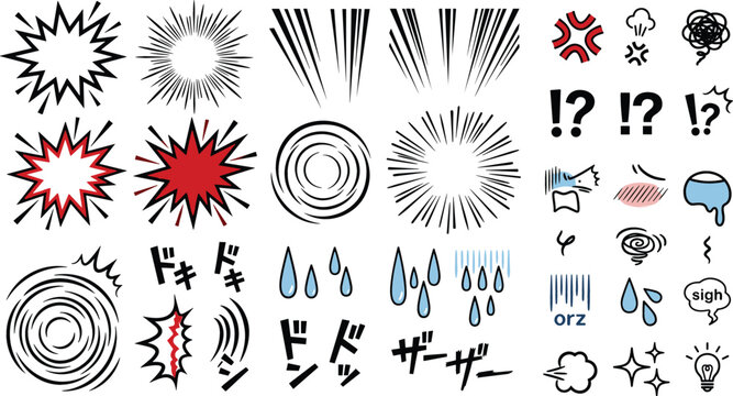 Manga comic effects and emotion symbols, impact bursts, motion lines, Japanese sound effects, expressive icons illustration pack