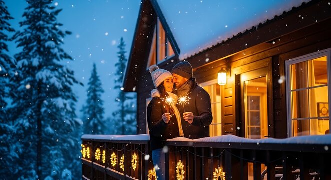 Romantic Winter Couple Sparklers on Snowy Cabin Balcony