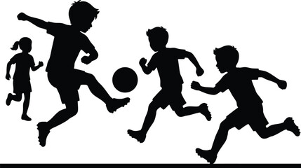 Silhouettes of energetic children playing soccer, a dynamic and fun outdoor activity, with expert structure. © MstBaby