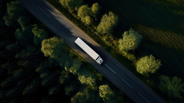 Aerial view of a large truck driving down a winding road surrounded by lush green trees, highlighting efficiency in logistics and transportation.