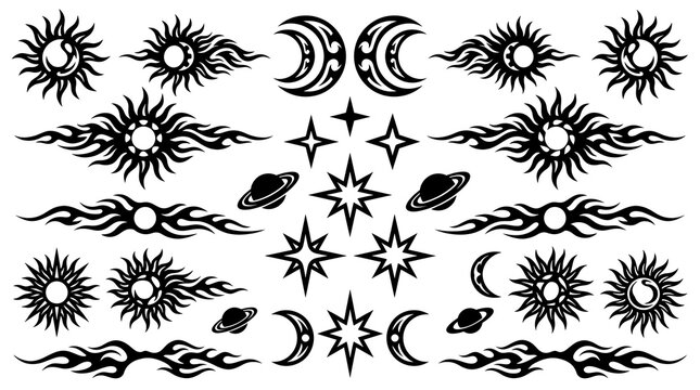 Tribal Sun and Celestial Body Vector Decal Sheet &ndash; Ray Burst, Crescent Moon, Star Clusters