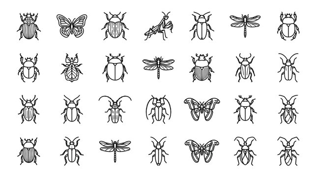 Vector Icons Set of Various Insect Icons and Beetle Silhouettes. EPS Editable