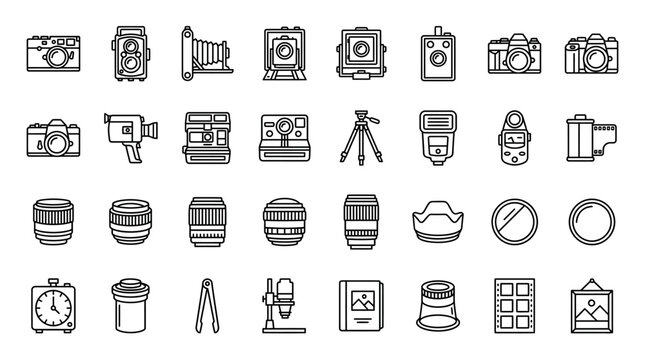 Vector Icons Set of various photography equipment icons line art style. EPS Editable