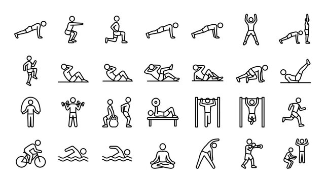 Vector Icons Set of various physical exercise and fitness training line icons. EPS Editable