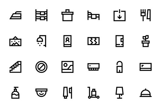Hotel icon set. Minimal vector icons pack. Includes symbols for ironing, bunk bed, counter, restaurant, shower, keycard, decoration, television, CCTV, lamp, bell and more.