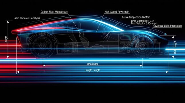 Supercar blueprint with technical data. Innovation and velocity.