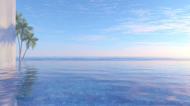 Infinity edge swimming pool merges seamlessly with the vast ocean horizon under a pale blue sky