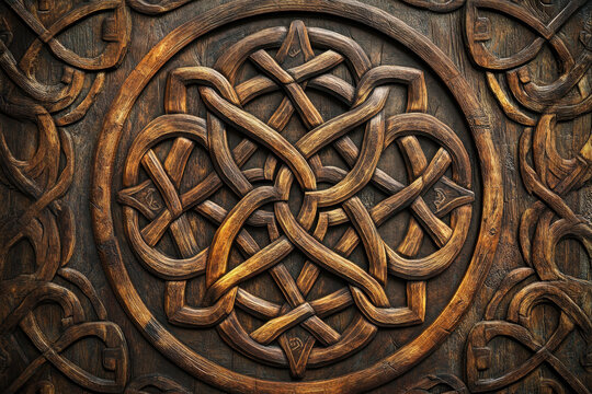 Dark wood carved Celtic knot mandala texture for heritage and rustic design
