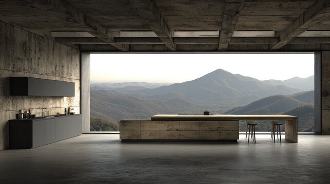Minimalist contemporary kitchen space features raw concrete textures overlooking a vast mountainous landscape