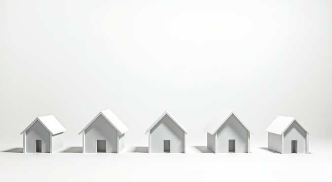 Several white houses are lined up in a row on a white surface real estate