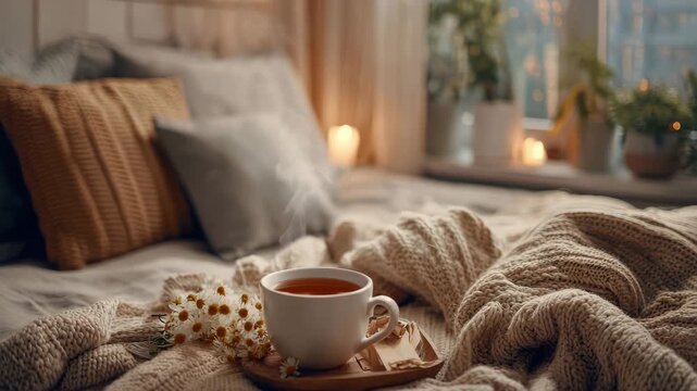 Cozy tea cup and flowers on knitted blanket in softly lit bedroom scene Peaceful fall bedroom setting with warm lighting cup of chamomile tea and cozy blankets