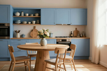 Fototapeta premium Modern kitchen with blue cabinets and wooden table. Light floods the room through a large window, creating a warm and inviting atmosphere for cooking or dining.