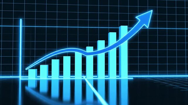 Business growth chart shows increasing trend with arrow pointing upwards
