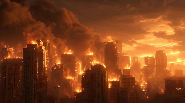 Urban inferno City skyline engulfed in catastrophic flames and smoke