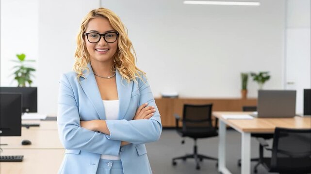Portrait of a professional woman in a suit. Business woman standing in an office