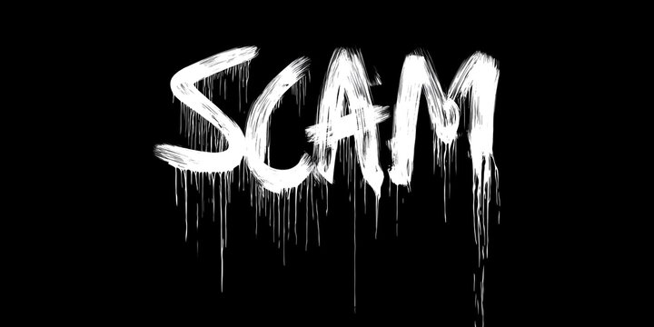 The word 'SCAM' is boldly painted in dripping white letters on a black background, symbolizing the urgency to expose fraudulent activities and protect victims.