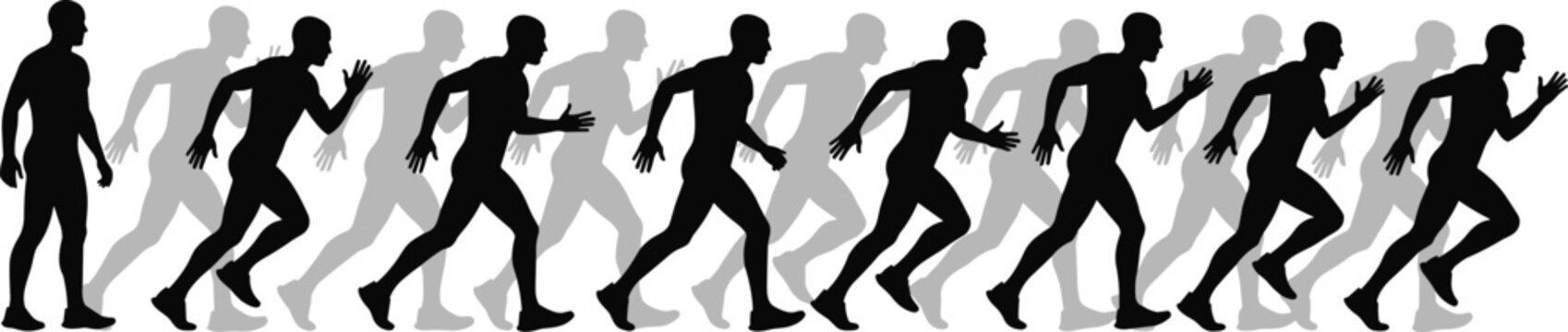 Human Evolution Running Sequence Silhouette Showing Progress from Walking to Sprinting Motion Concept Isolated on White Background