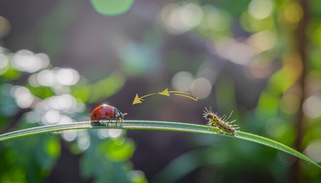 Ladybug and caterpillar on a blade of grass in a garden with a simple food chain theme