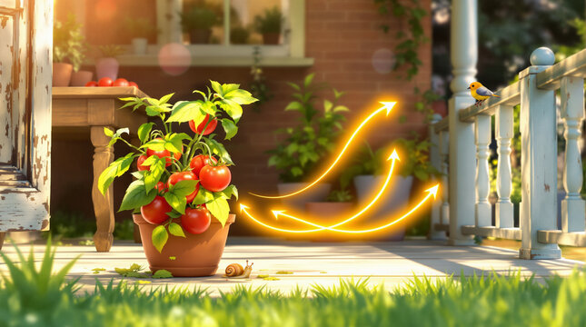 Simple Food Chain Concept with Tomato Plant in Urban Garden Setting with Natural Light