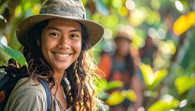 Smiling woman in green forest environment.