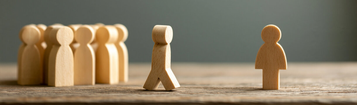 Wooden Silhouette : A collection of wooden silhouette figurines on a rustic surface, with one figure standing apart from the group, symbolizing separation, exclusion, or individuality.