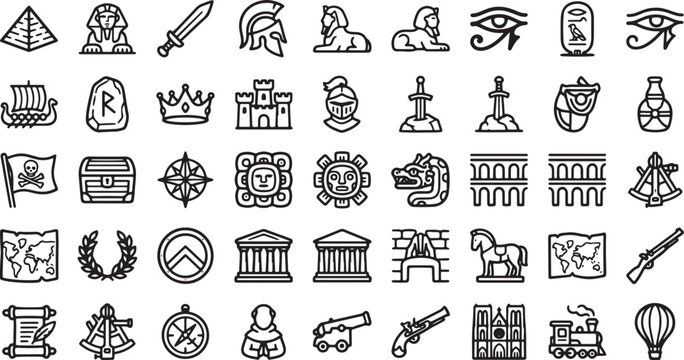 Ancient History and Civilization Icon Set Featuring Egyptian, Greek, Roman, Viking, Mythology, and Cultural Heritage Symbols