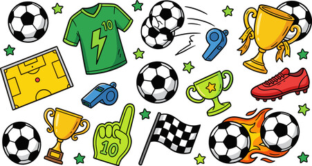 Dynamic Soccer Icons Featuring Balls, Trophies, Jerseys, Whistles, and Field in Bold, Energetic Style © Lcpl