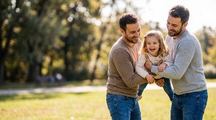 Fototapeta premium Joyful moment of gay dads playing with their daughter in a sunny park, surrounded by lush greenery, capturing a warm and loving family bond