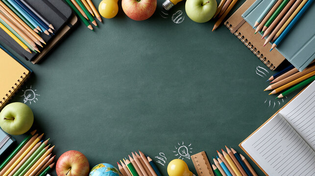 School Essentials Display: A neatly arranged collection of school supplies, including books, pencils, and apples, forms a vibrant border around a blackboard.