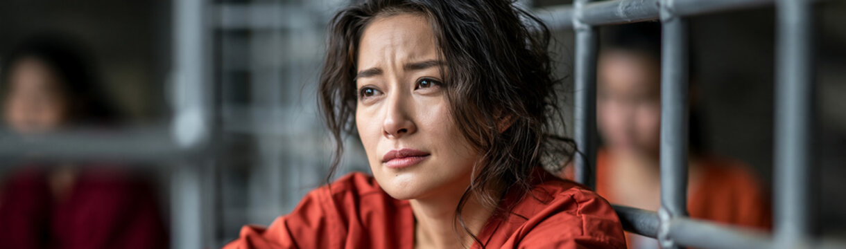 Prisoner's Gaze: A woman sits somberly behind the bars, lost in thought. Captured from a close-up angle, it evokes feelings of captivity and introspection. 