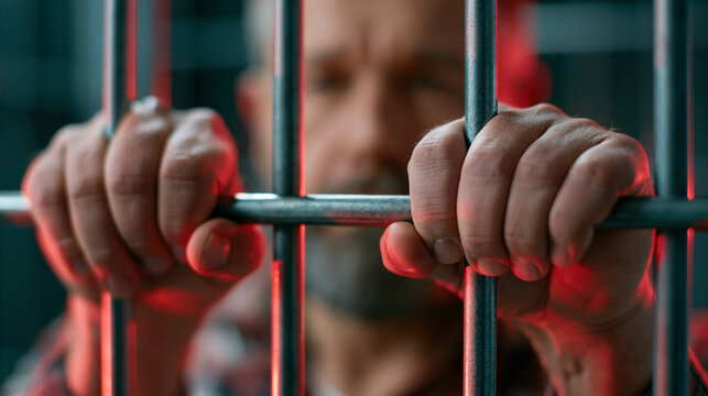 Imprisoned Thoughts: A close-up view captures the hands of a person gripping the cold bars of a prison cell, reflecting the feeling of captivity.