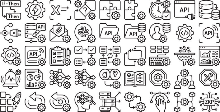 API Integration and Workflow Automation Icon Set Featuring Data Processing, System Connections, Software Development, and Digital Operations