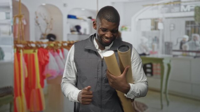 Man holding rolled blueprints and giving thumbs up in a boutique store while smiling broadly; confidence optimism.