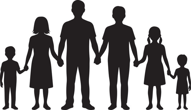 Silhouette of a family holding hands, including parents and four children, representing unity, love, and togetherness