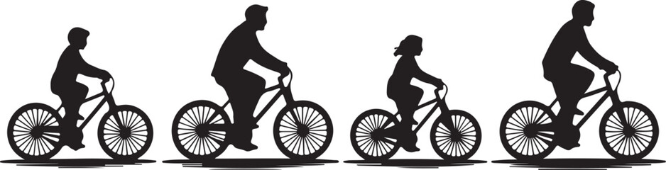 Fototapeta premium Silhouette of a family riding bicycles together, including parents and children
